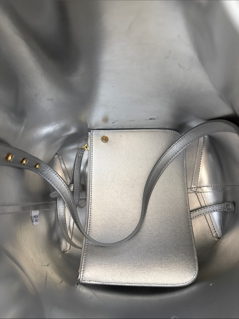 Silver Crossbody  bucket Bag with Gold Accents